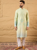 Men Green Viscose Rayon Bandhani Embroidered Straight Kurta with Trouser-MKSET1141