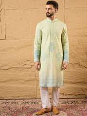 Men Green Viscose Rayon Bandhani Embroidered Straight Kurta with Trouser-MKSET1141