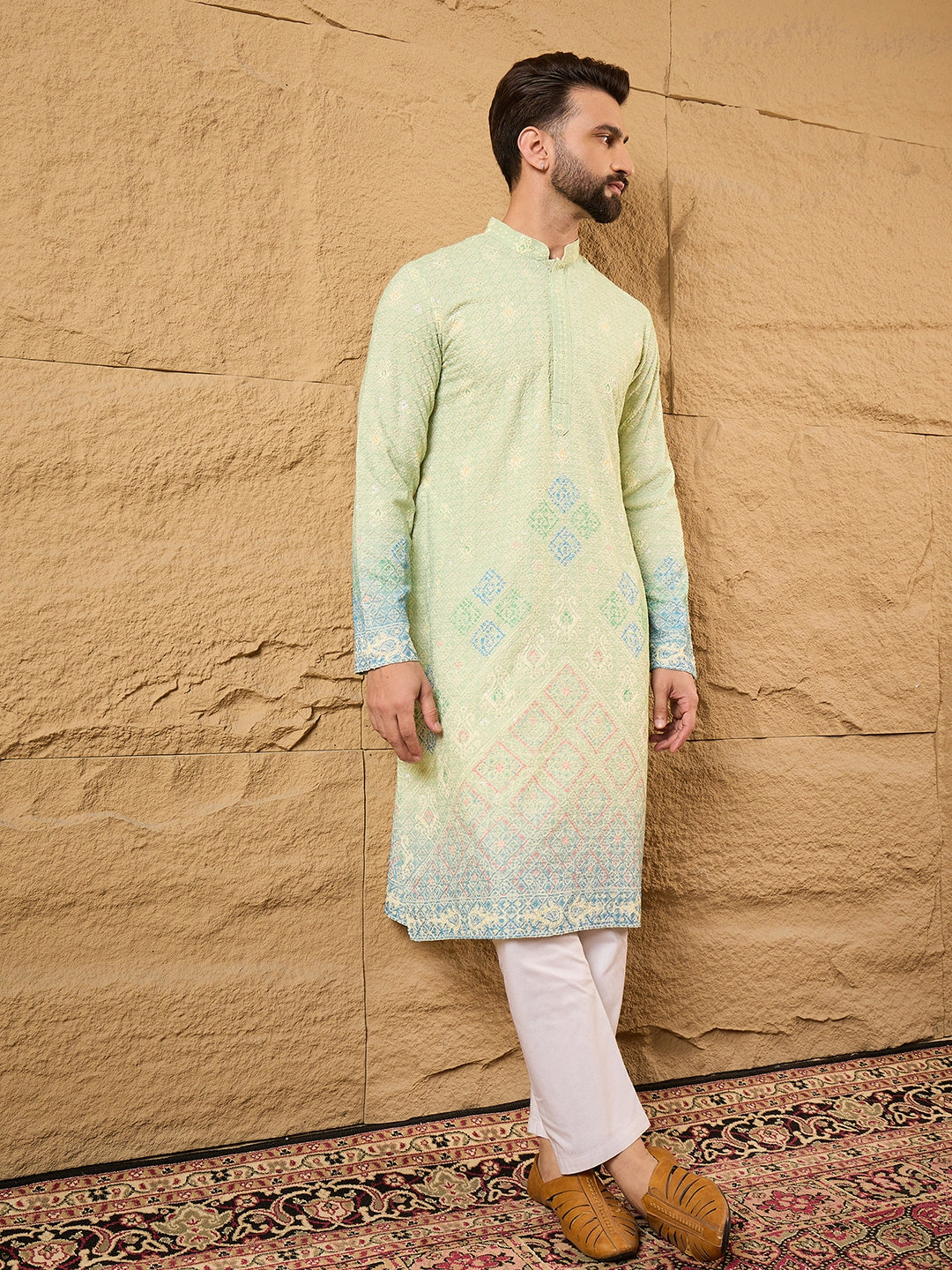 Men Green Viscose Rayon Bandhani Embroidered Straight Kurta with Trouser-MKSET1141
