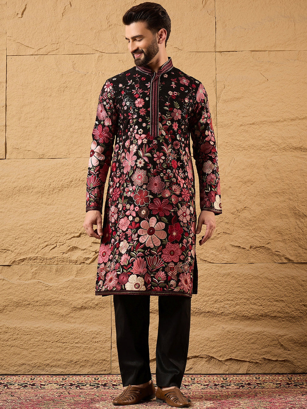 Men Black Georgette Solid Embroidered Straight Kurta with Trouser-MKSET1154