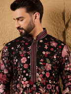 Men Black Georgette Solid Embroidered Straight Kurta with Trouser-MKSET1154