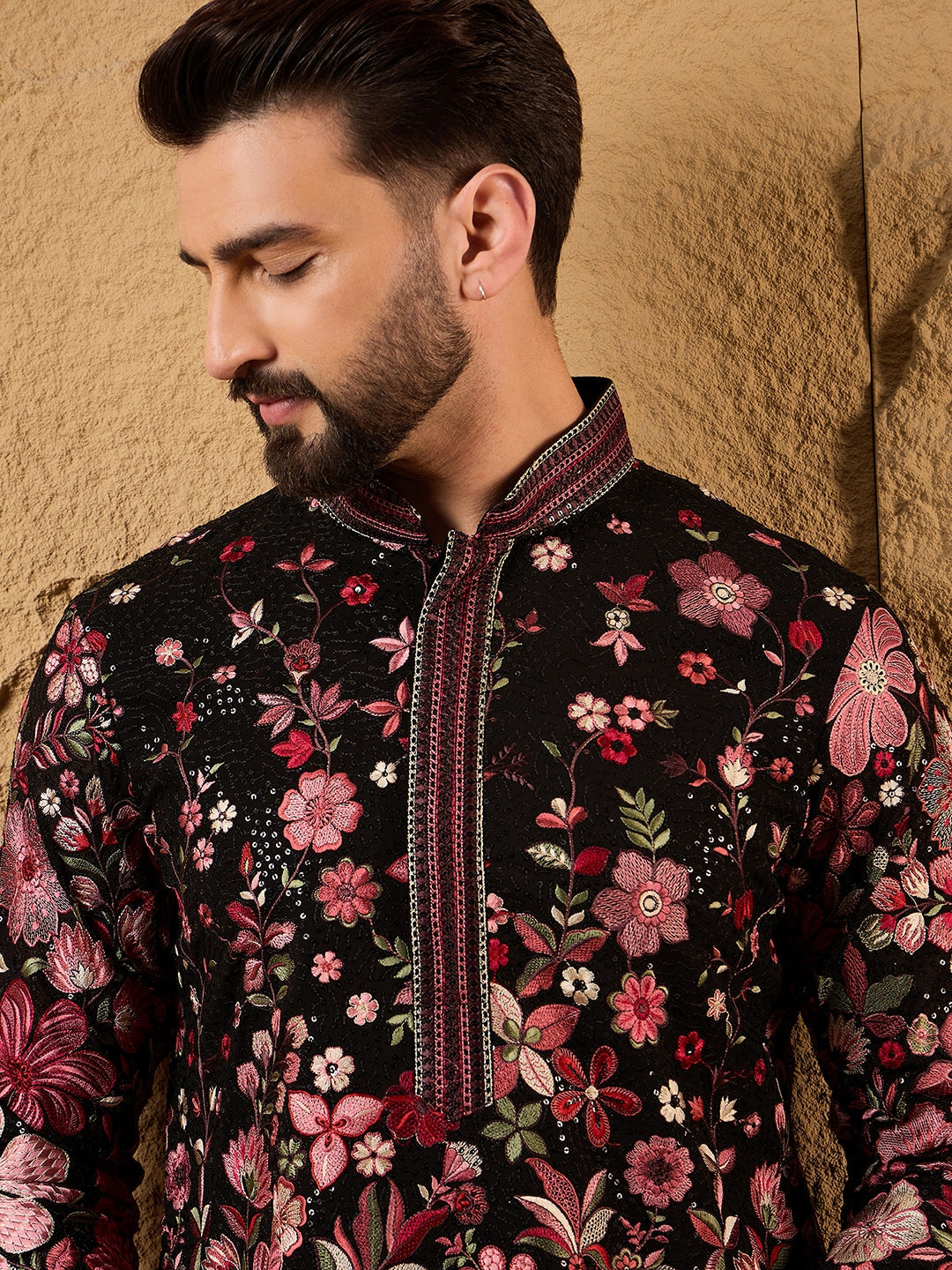 Men Black Georgette Solid Embroidered Straight Kurta with Trouser-MKSET1154