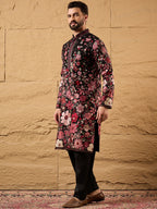 Men Black Georgette Solid Embroidered Straight Kurta with Trouser-MKSET1154