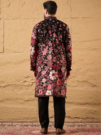 Men Black Georgette Solid Embroidered Straight Kurta with Trouser-MKSET1154