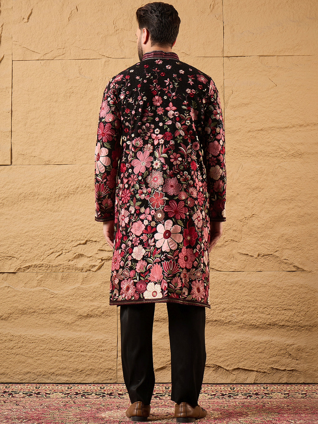 Men Black Georgette Solid Embroidered Straight Kurta with Trouser-MKSET1154