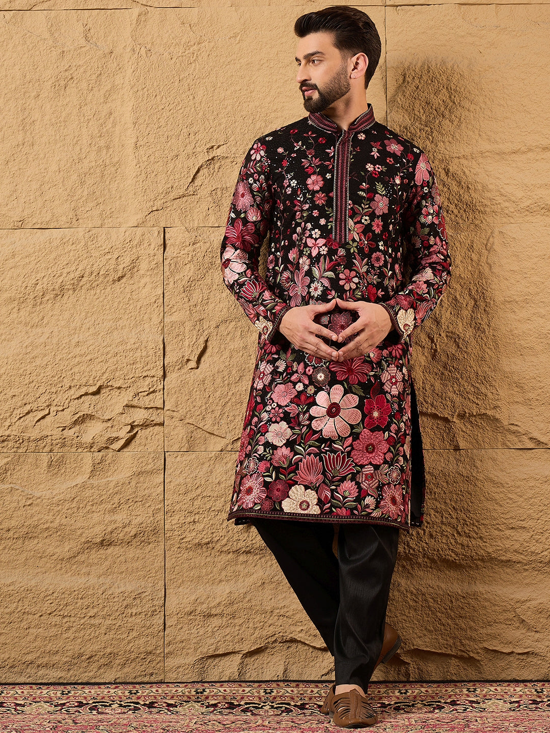 Men Black Georgette Solid Embroidered Straight Kurta with Trouser-MKSET1154