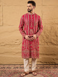 Men Pink Georgette Solid Embroidered Straight Kurta with Trouser-MKSET1160