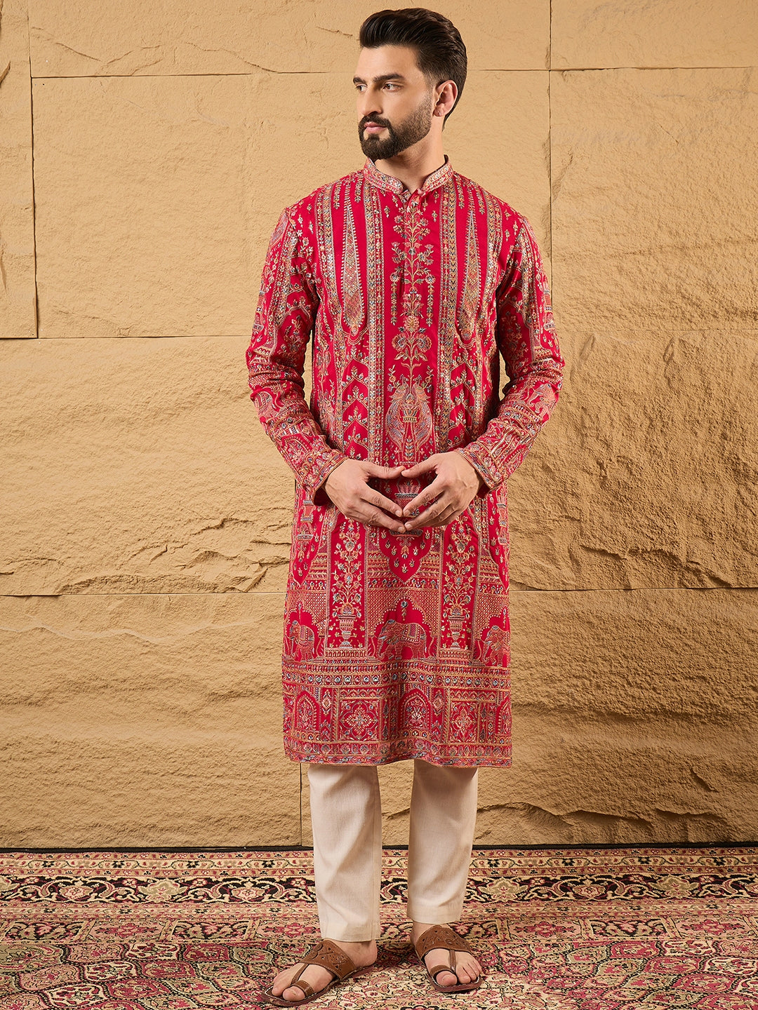 Men Pink Georgette Solid Embroidered Straight Kurta with Trouser-MKSET1160