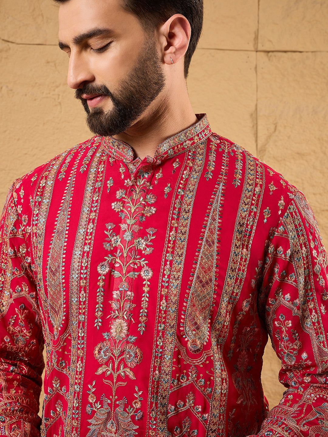 Men Pink Georgette Solid Embroidered Straight Kurta with Trouser-MKSET1160
