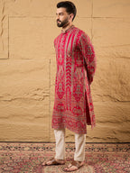 Men Pink Georgette Solid Embroidered Straight Kurta with Trouser-MKSET1160