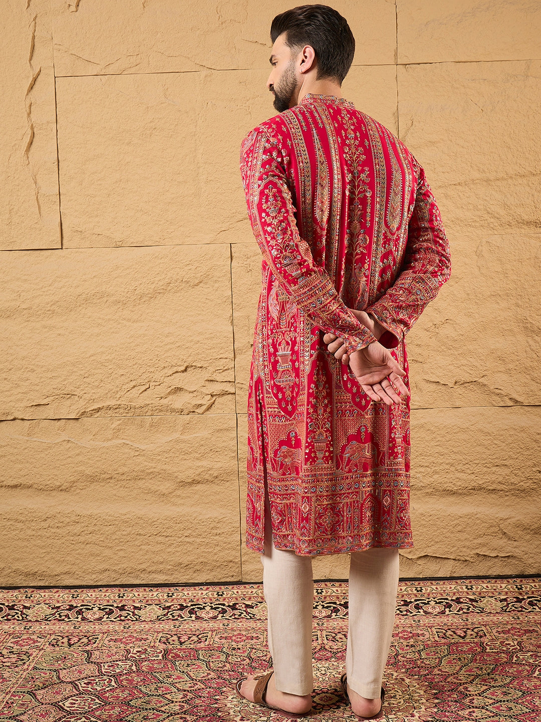 Men Pink Georgette Solid Embroidered Straight Kurta with Trouser-MKSET1160