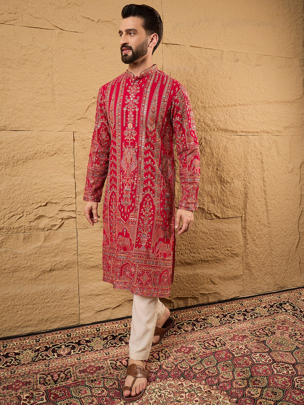 Men Pink Georgette Solid Embroidered Straight Kurta with Trouser-MKSET1160
