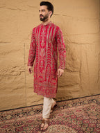 Men Pink Georgette Solid Embroidered Straight Kurta with Trouser-MKSET1160