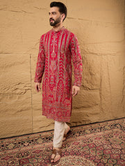 Men Pink Georgette Solid Embroidered Straight Kurta with Trouser-MKSET1160