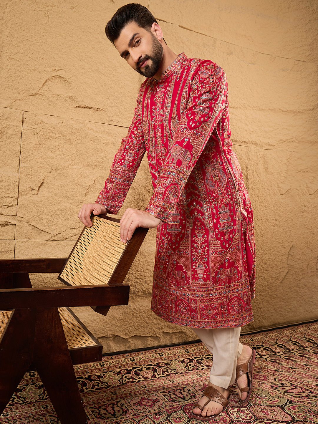 Men Pink Georgette Solid Embroidered Straight Kurta with Trouser-MKSET1160