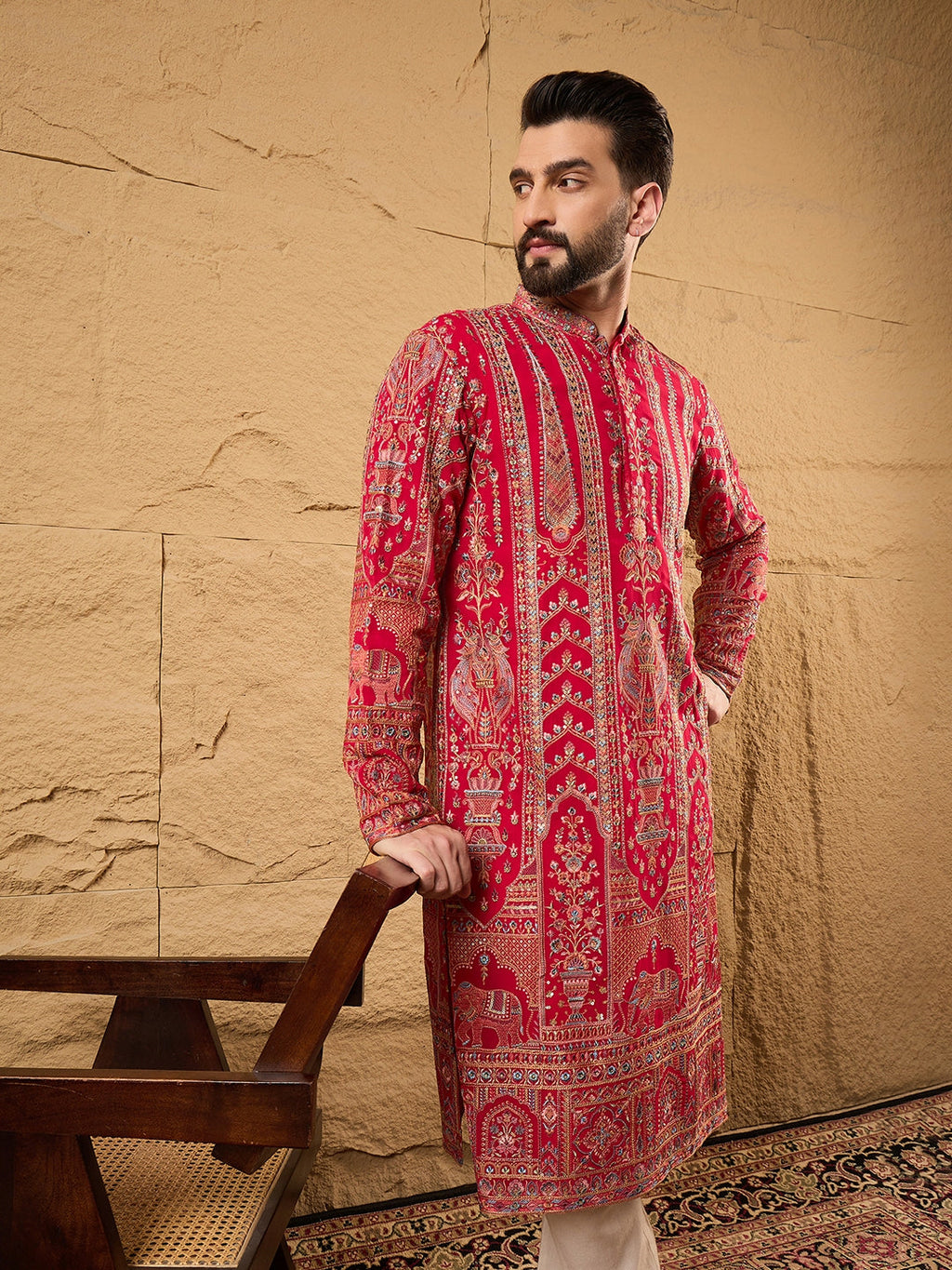 Men Pink Georgette Solid Embroidered Straight Kurta with Trouser-MKSET1160