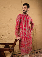 Men Pink Georgette Solid Embroidered Straight Kurta with Trouser-MKSET1160