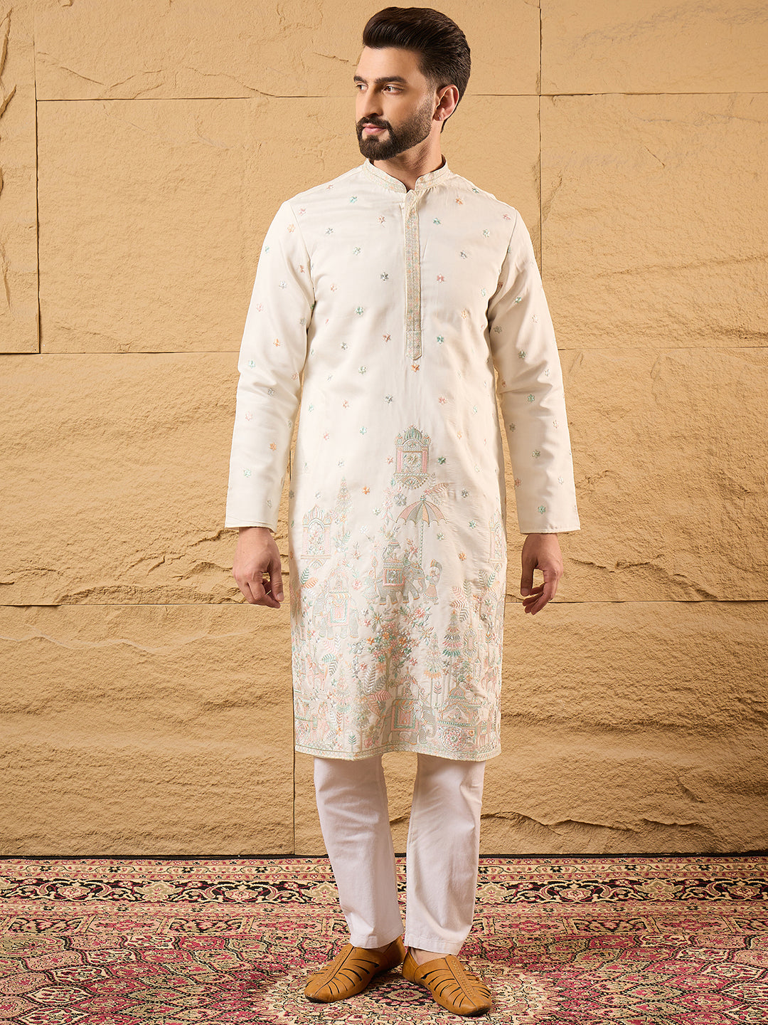 Men Off White Silk Blend Solid Embroidered Straight Kurta with Trouser-MKSET1179