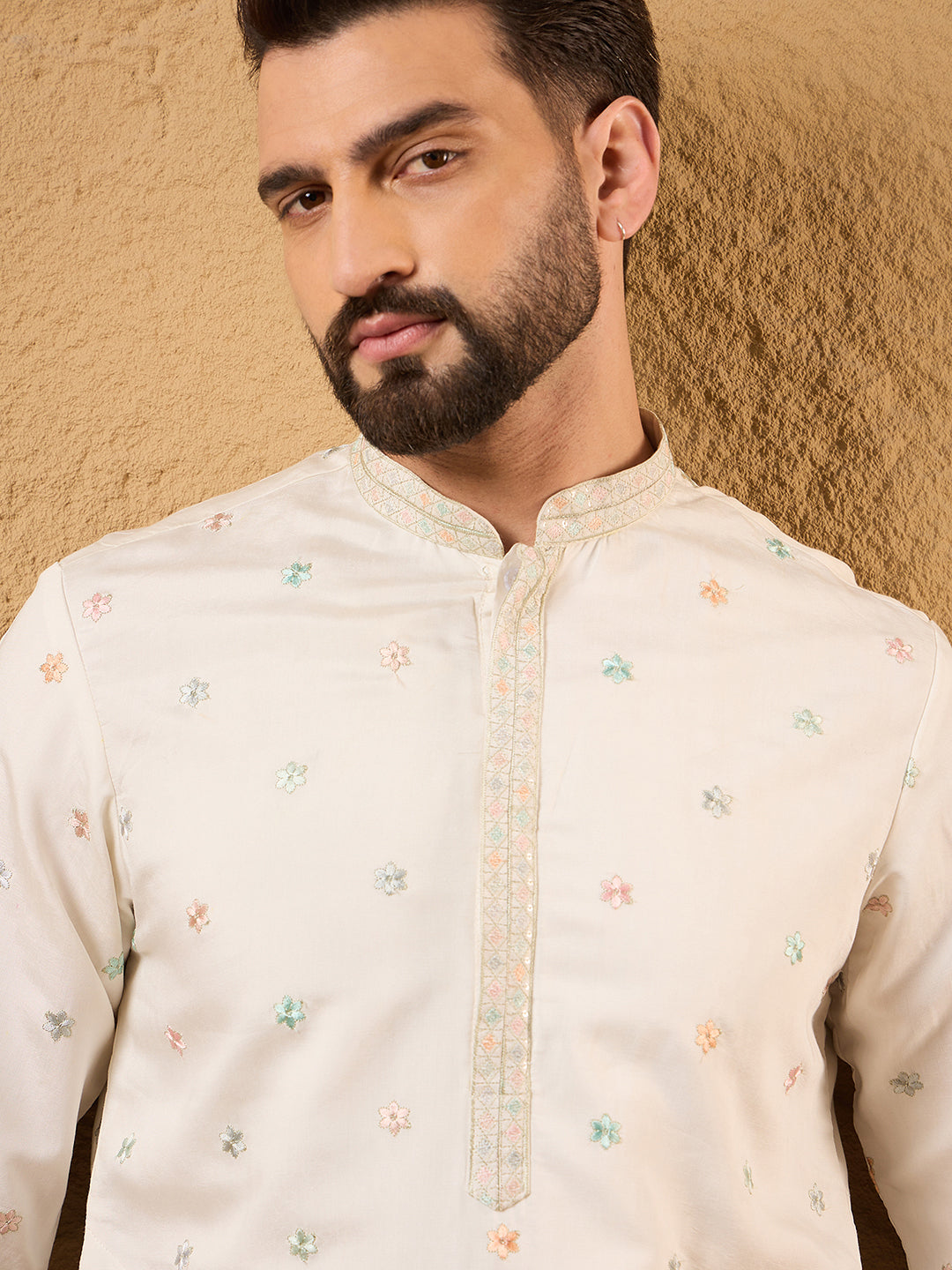 Men Off White Silk Blend Solid Embroidered Straight Kurta with Trouser-MKSET1179