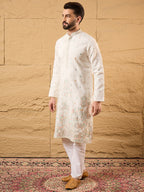 Men Off White Silk Blend Solid Embroidered Straight Kurta with Trouser-MKSET1179