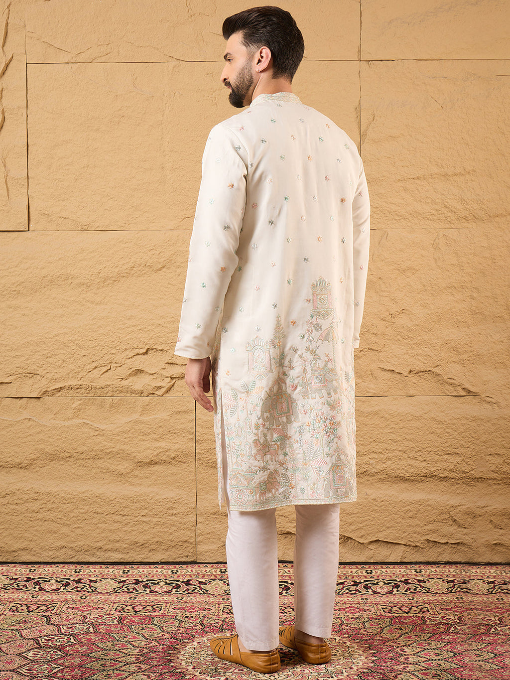 Men Off White Silk Blend Solid Embroidered Straight Kurta with Trouser-MKSET1179