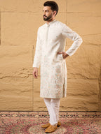 Men Off White Silk Blend Solid Embroidered Straight Kurta with Trouser-MKSET1179