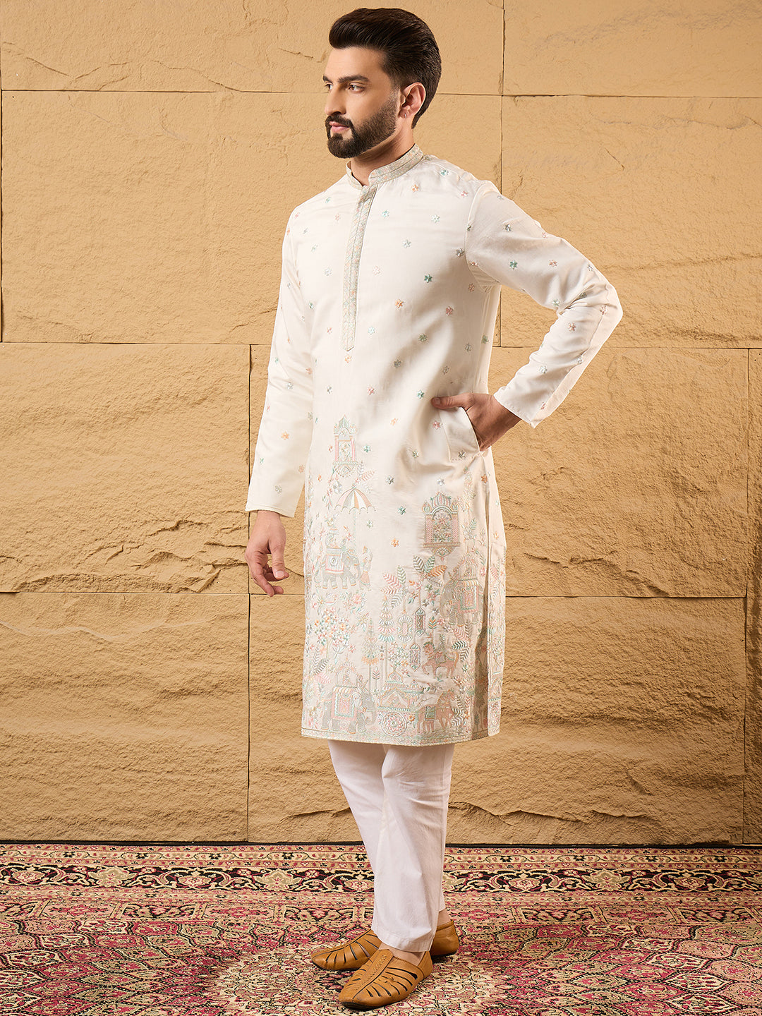 Men Off White Silk Blend Solid Embroidered Straight Kurta with Trouser-MKSET1179