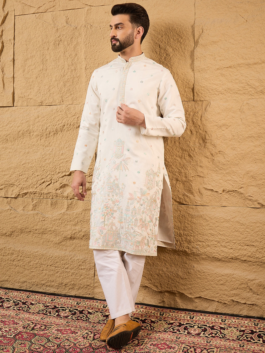 Men Off White Silk Blend Solid Embroidered Straight Kurta with Trouser-MKSET1179