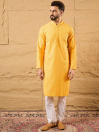 Men Yellow Viscose Rayon Solid Embroidered Straight Kurta with Trouser-MKSET1186
