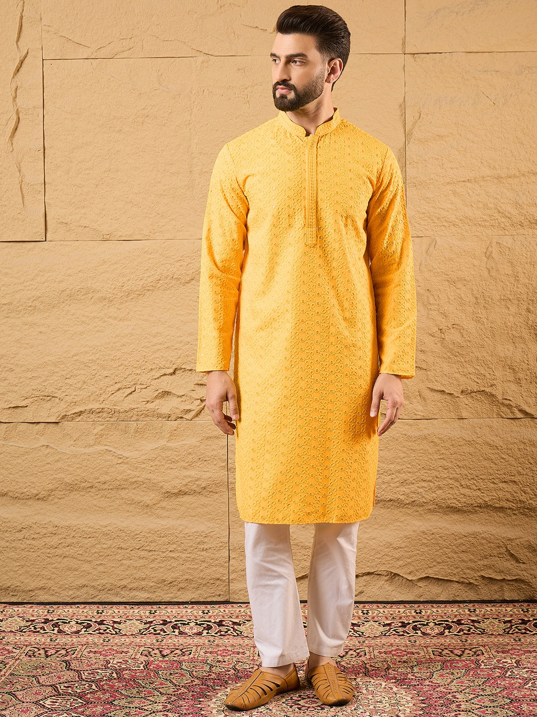 Men Yellow Viscose Rayon Solid Embroidered Straight Kurta with Trouser-MKSET1186