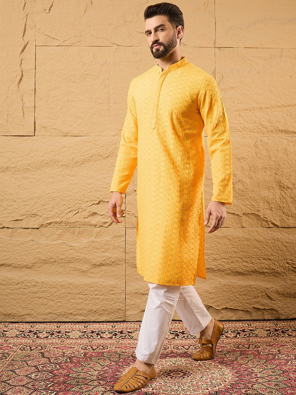Men Yellow Viscose Rayon Solid Embroidered Straight Kurta with Trouser-MKSET1186