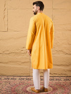 Men Yellow Viscose Rayon Solid Embroidered Straight Kurta with Trouser-MKSET1186