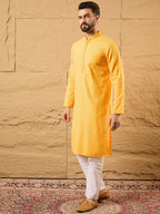 Men Yellow Viscose Rayon Solid Embroidered Straight Kurta with Trouser-MKSET1186