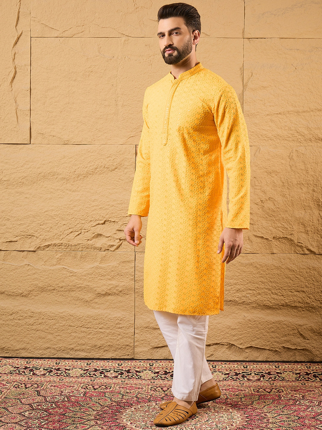Men Yellow Viscose Rayon Solid Embroidered Straight Kurta with Trouser-MKSET1186
