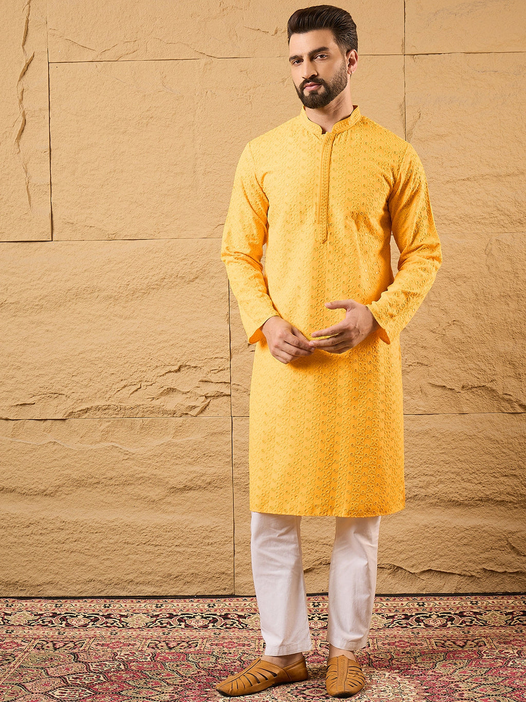 Men Yellow Viscose Rayon Solid Embroidered Straight Kurta with Trouser-MKSET1186