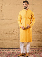 Men Yellow Viscose Rayon Solid Embroidered Straight Kurta with Trouser-MKSET1186