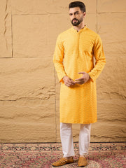 Men Yellow Viscose Rayon Solid Embroidered Straight Kurta with Trouser-MKSET1186