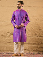 Men Purple Pure Cotton Solid Embroidered Straight Kurta with Trouser-MKSET1194