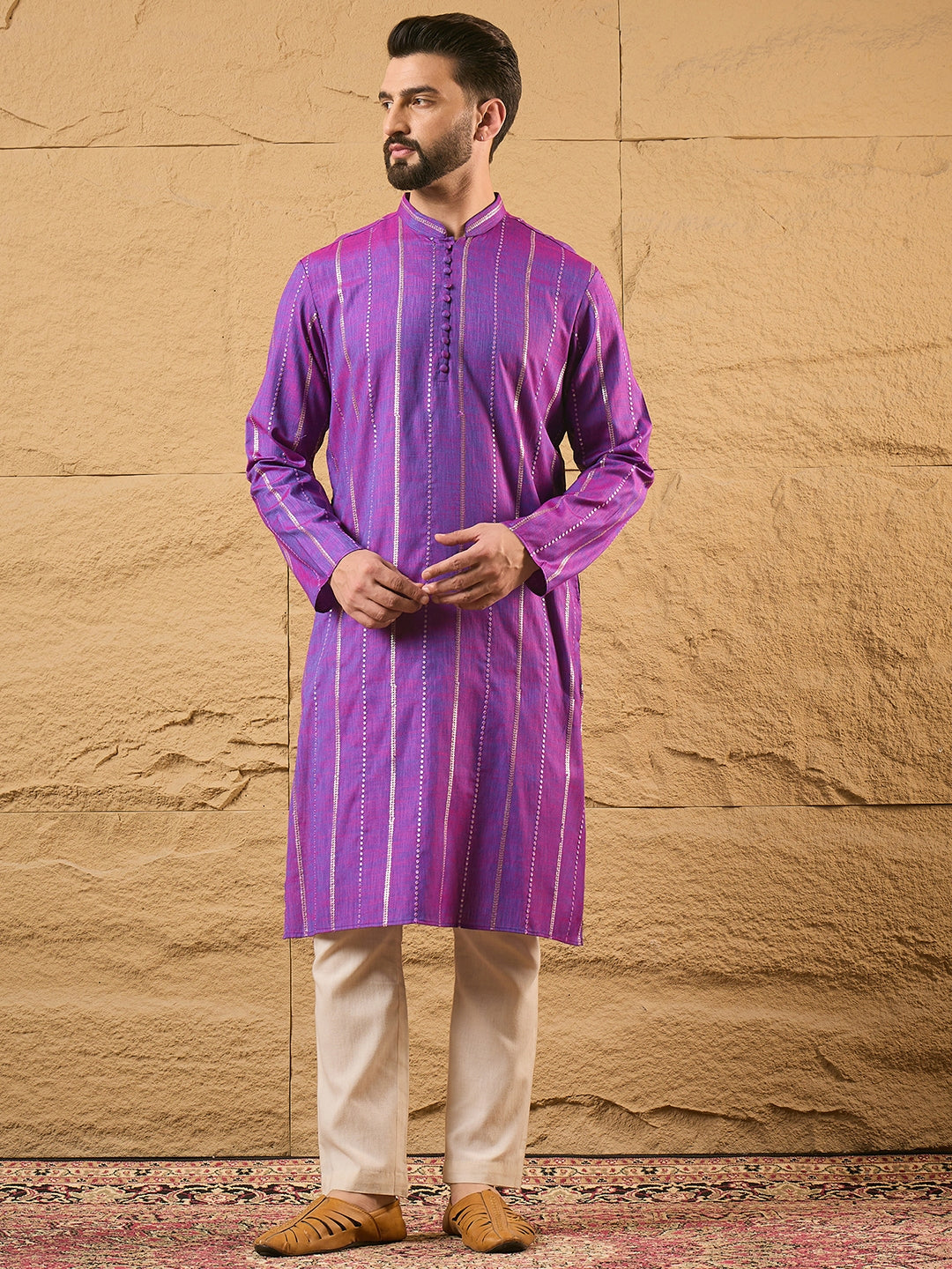 Men Purple Pure Cotton Solid Embroidered Straight Kurta with Trouser-MKSET1194