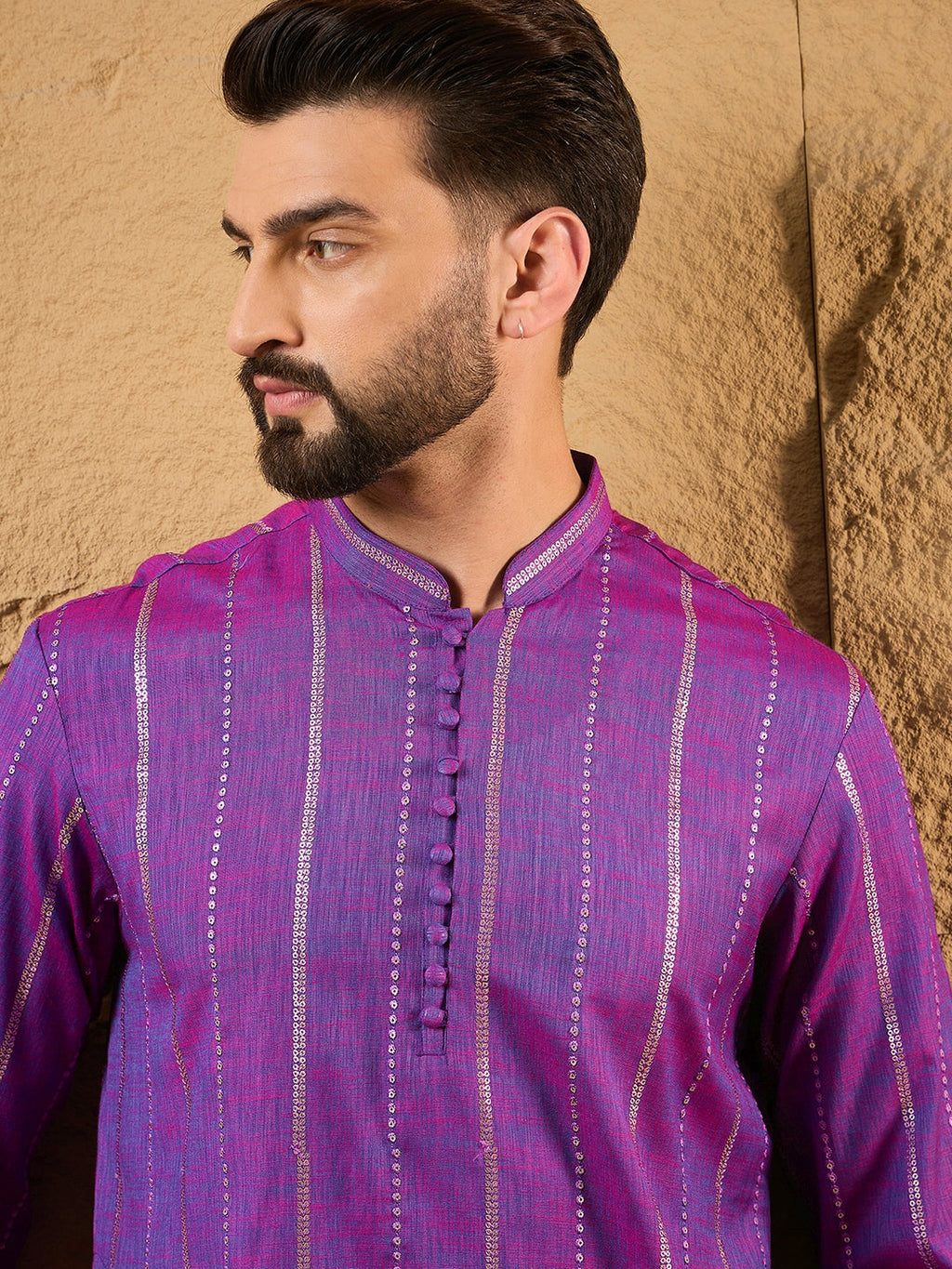 Men Purple Pure Cotton Solid Embroidered Straight Kurta with Trouser-MKSET1194