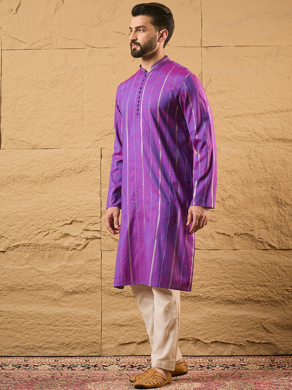 Men Purple Pure Cotton Solid Embroidered Straight Kurta with Trouser-MKSET1194