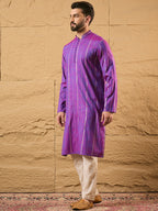 Men Purple Pure Cotton Solid Embroidered Straight Kurta with Trouser-MKSET1194