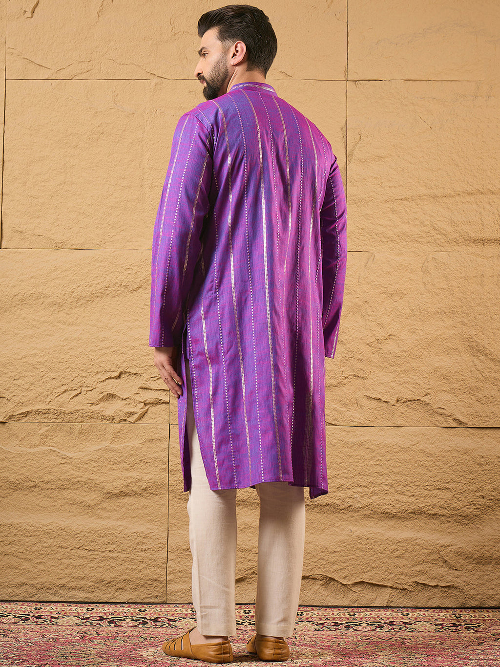 Men Purple Pure Cotton Solid Embroidered Straight Kurta with Trouser-MKSET1194