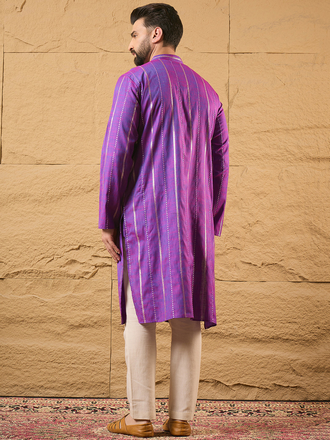 Men Purple Pure Cotton Solid Embroidered Straight Kurta with Trouser-MKSET1194