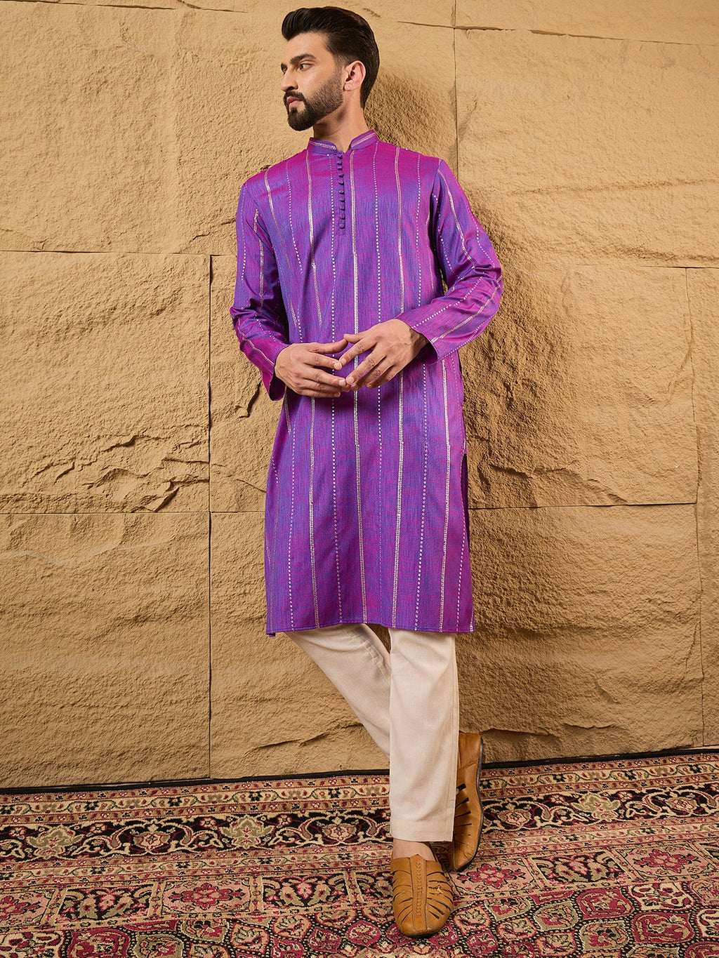 Men Purple Pure Cotton Solid Embroidered Straight Kurta with Trouser-MKSET1194