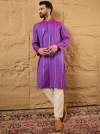 Men Purple Pure Cotton Solid Embroidered Straight Kurta with Trouser-MKSET1194