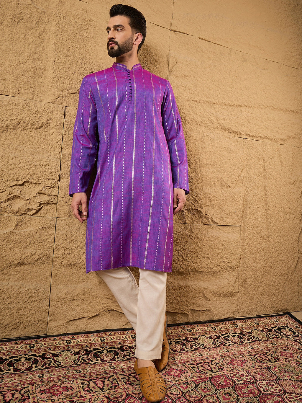 Men Purple Pure Cotton Solid Embroidered Straight Kurta with Trouser-MKSET1194
