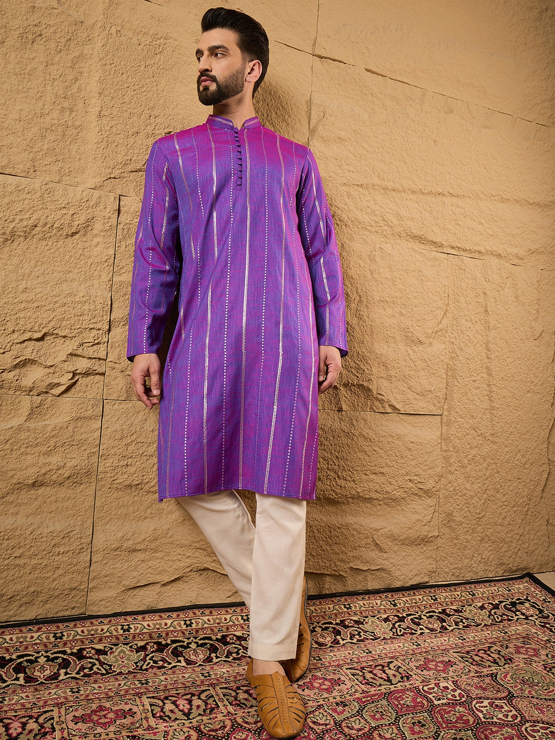 Men Purple Pure Cotton Solid Embroidered Straight Kurta with Trouser-MKSET1194