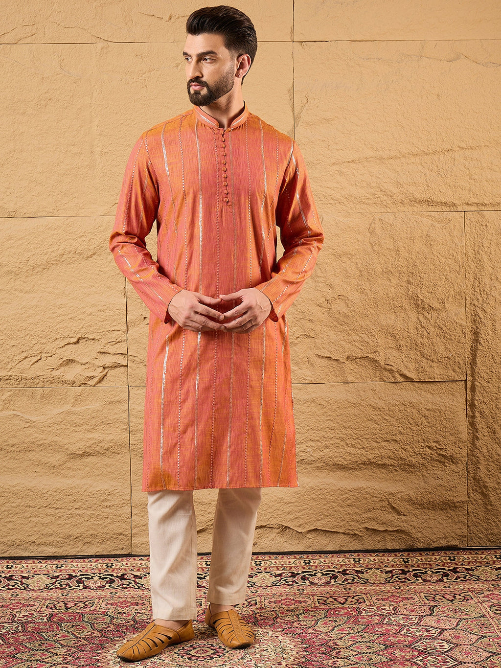 Men Orange Pure Cotton Solid Embroidered Straight Kurta with Trouser-MKSET1196