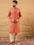Men Orange Pure Cotton Solid Embroidered Straight Kurta with Trouser-MKSET1196